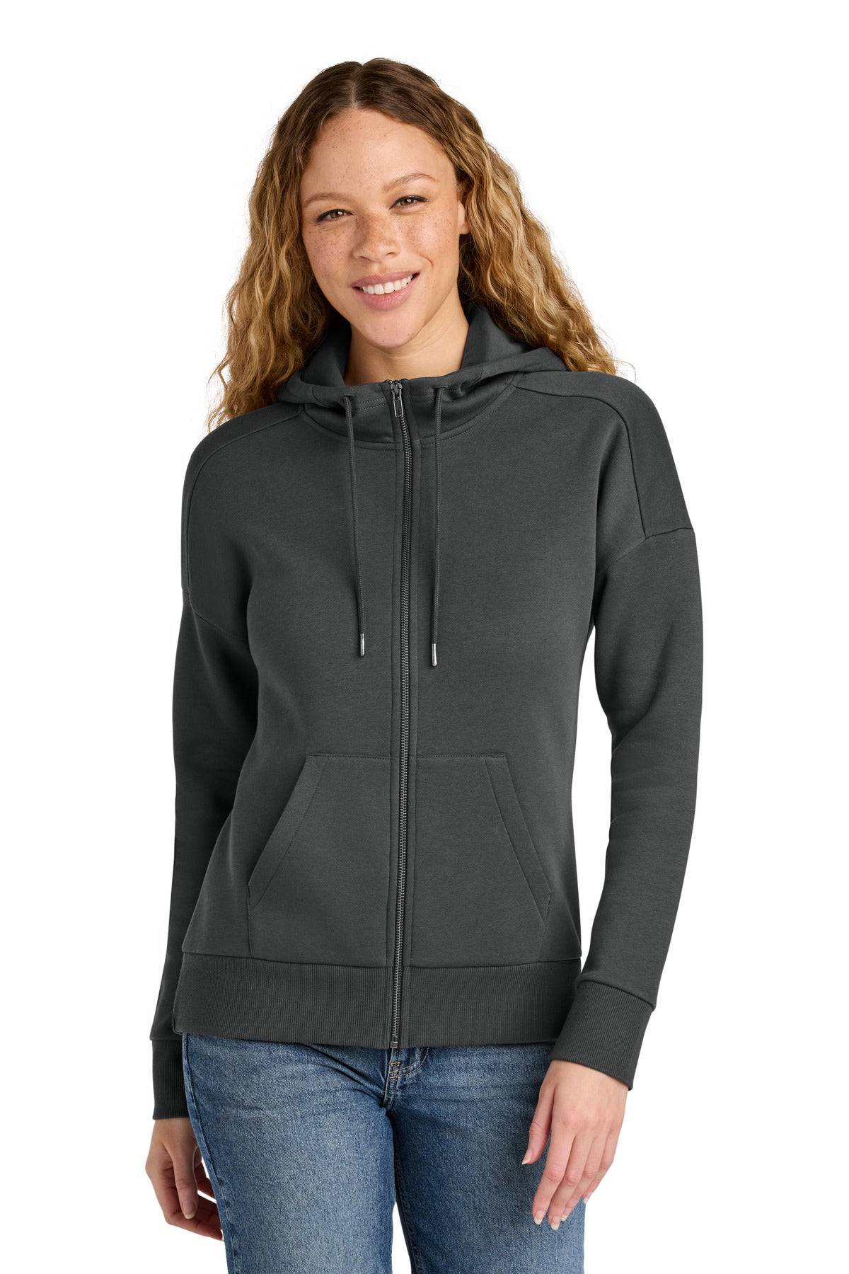 District  ®  Women's Perfect Weight  ®  Fleece Drop Shoulder Full-Zip Hoodie DT1104 | Add Your Logo