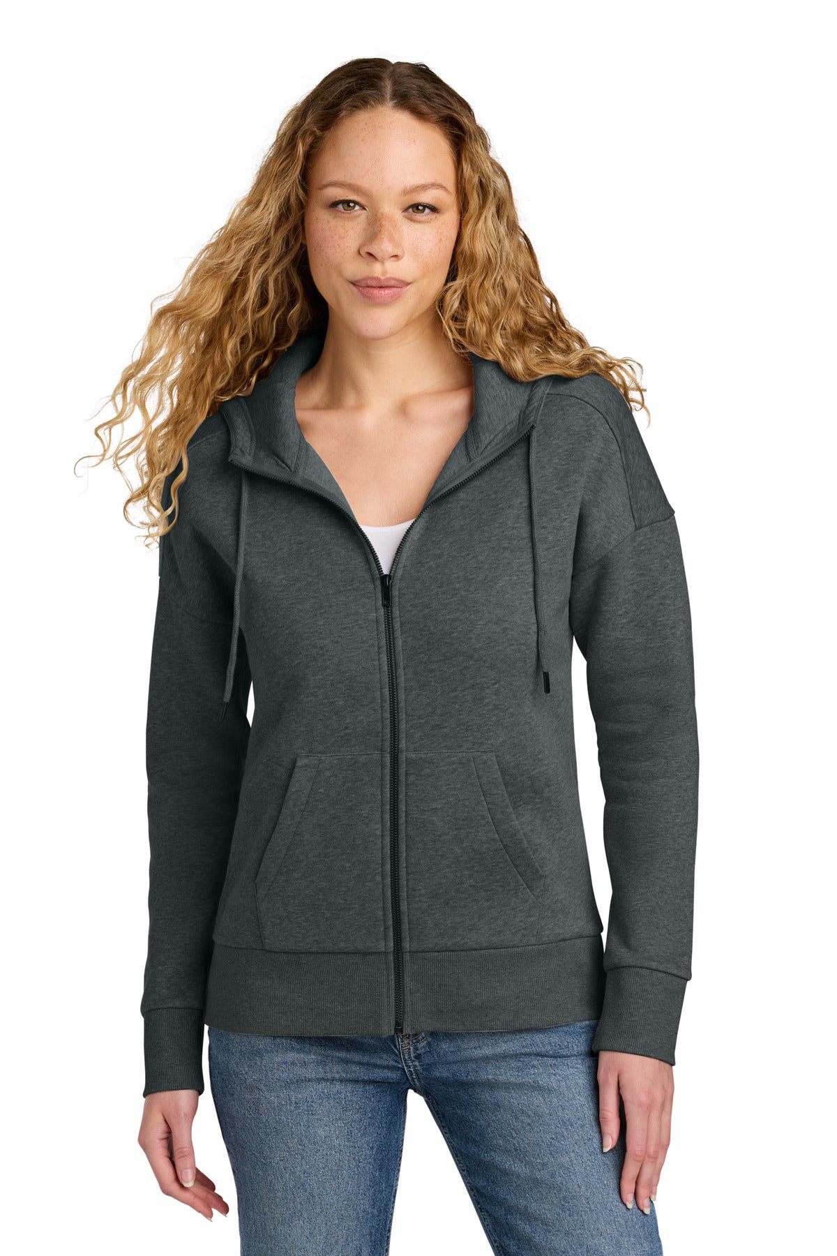 District  ®  Women's Perfect Weight  ®  Fleece Drop Shoulder Full-Zip Hoodie DT1104 | Add Your Logo