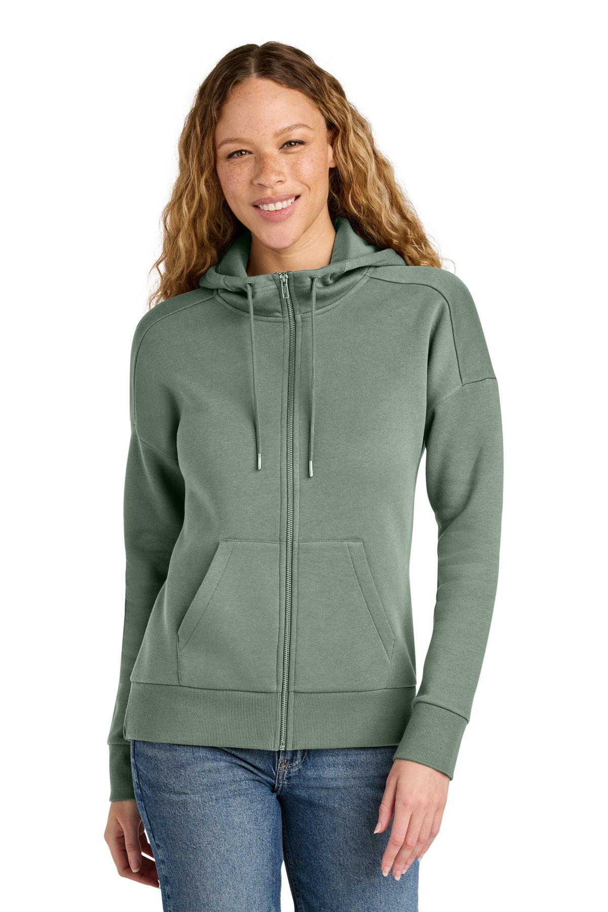 District  ®  Women's Perfect Weight  ®  Fleece Drop Shoulder Full-Zip Hoodie DT1104 | Add Your Logo