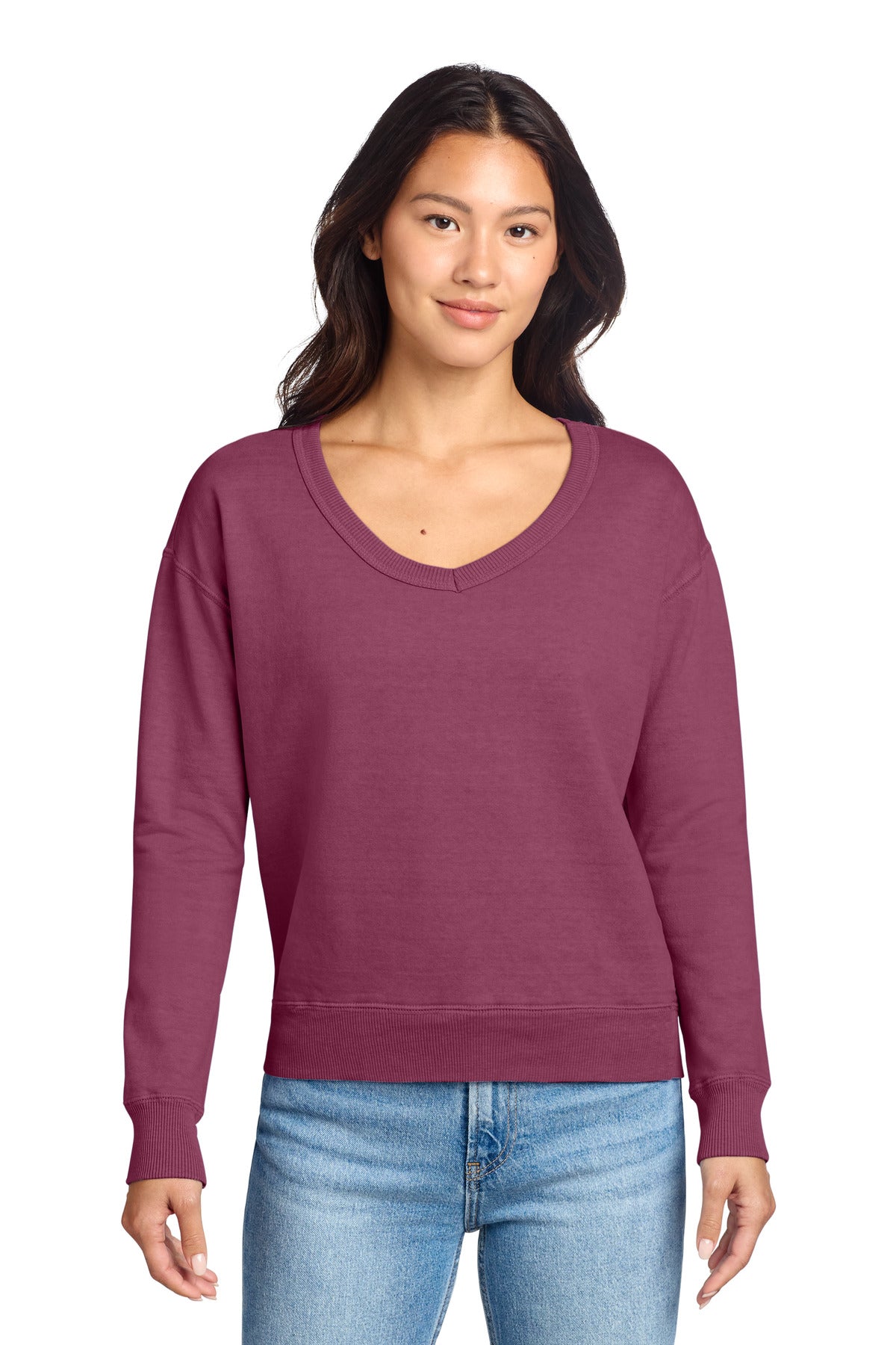 Port & Co ®  Women's Beach Wash ®  Garment-Dyed V-Neck Sweatshirt LPC098V | Add Your Logo