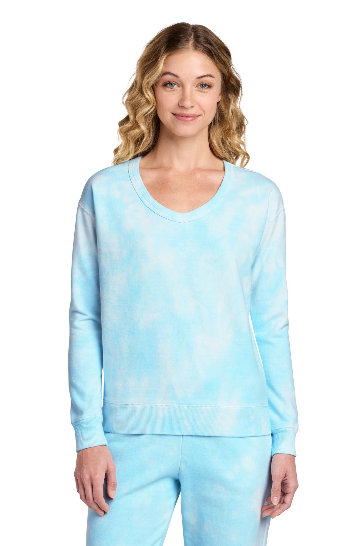 Port & Co ®  Women's Beach Wash ®  Cloud Tie-Dye V-Neck Sweatshirt LPC140V | Add Your Logo