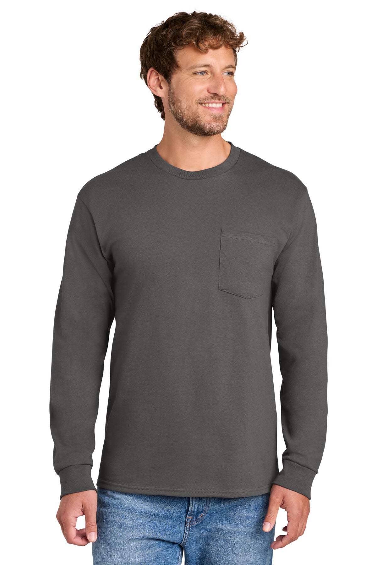 Port & Co   Long Sleeve Essential Pocket Tee.  PC61LSP